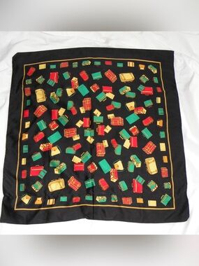 Luxury Black Holiday Scarf with Red, Green & Gold Luggage Motif